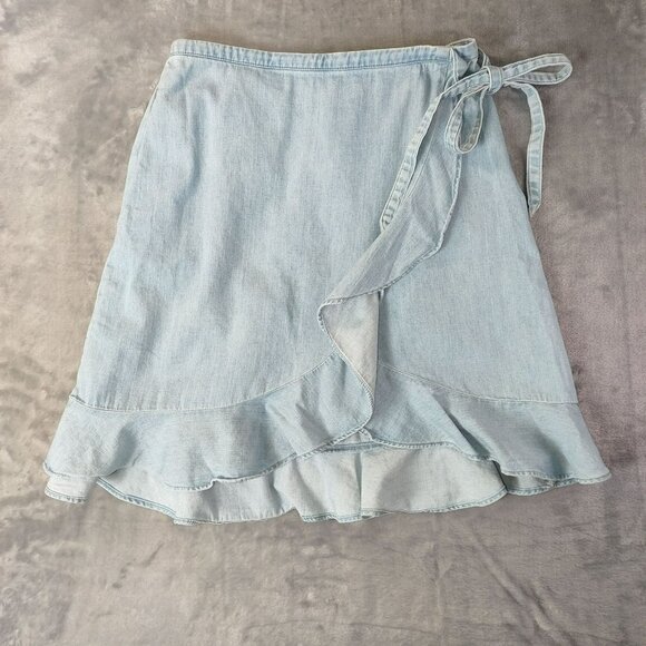 J Crew Cantle Womens Chambray Wrap Skirt XS Blue Ruffle Hem Tie Waist Summer - Picture 1 of 11